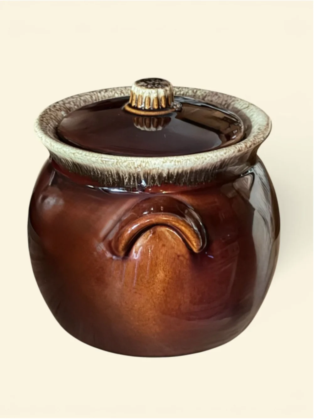 Vintage Hull Oven Proof Bean Pot w Lid Brown Drip Glaze USA 7” Farmhouse Crock